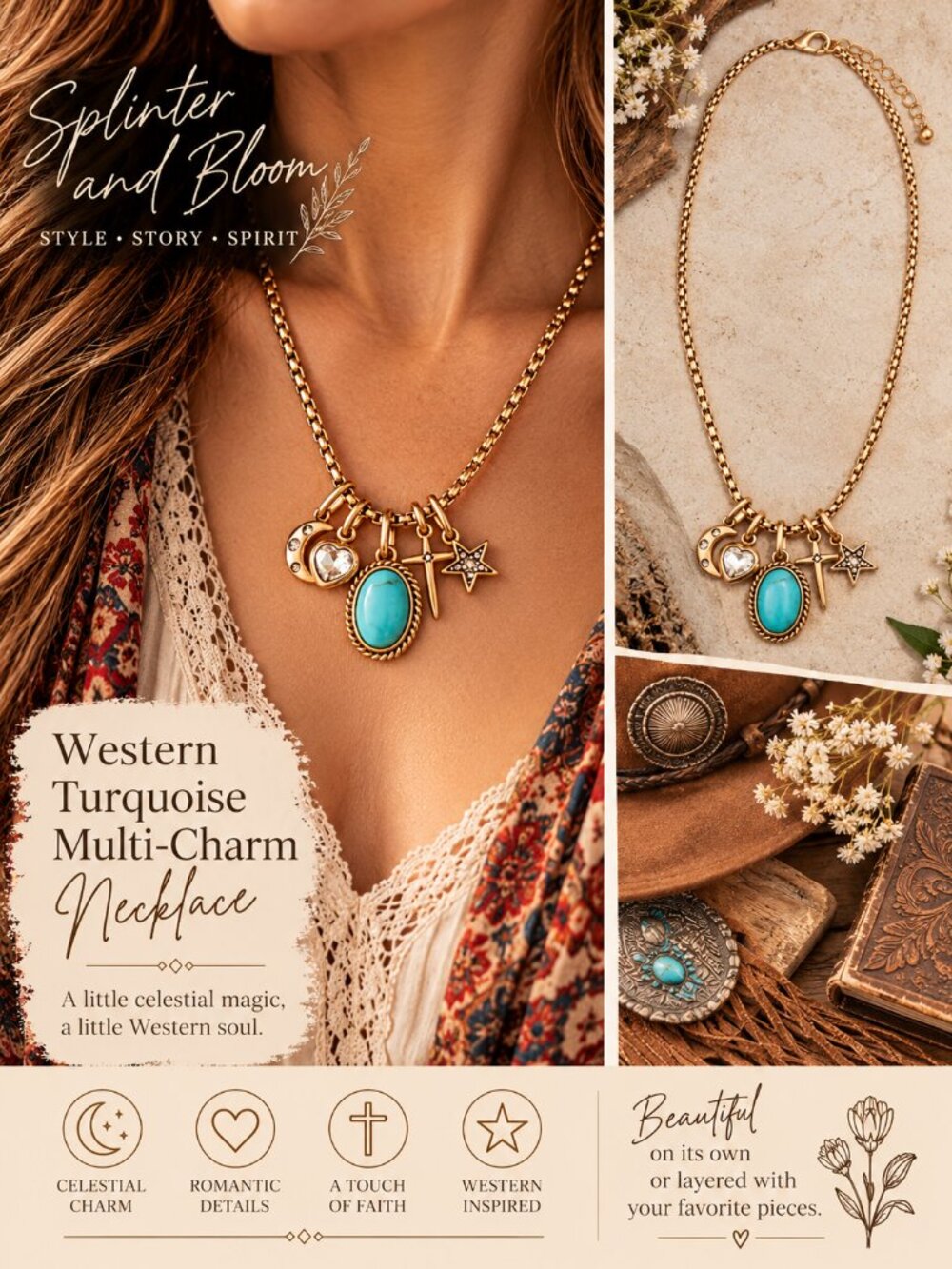 NWT Western Turquoise Celestial Multi-Charm Necklace – Gold Tone